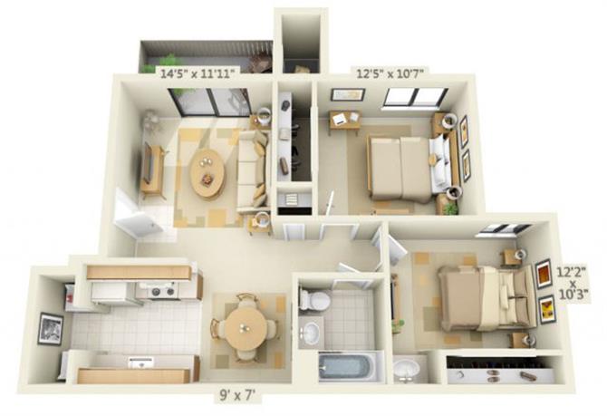 Floor plan for 2 beds, 1.3 baths, 838 sqft