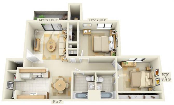Floor plan for 2 beds, 2 baths, 880 sqft