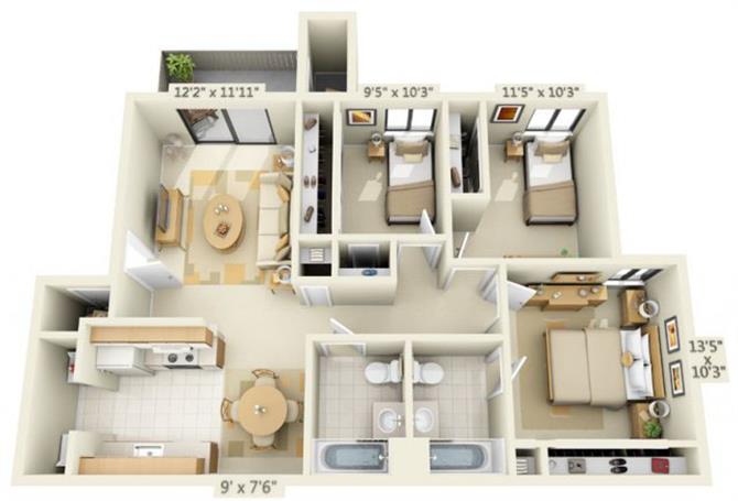 Floor plan for 3 beds, 2 baths, 1022 sqft