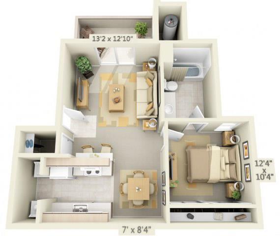 Floor plan for 1 bed, 1 bath, 623 sqft
