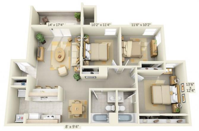Floor plan for 3 beds, 2 baths, 1185 sqft