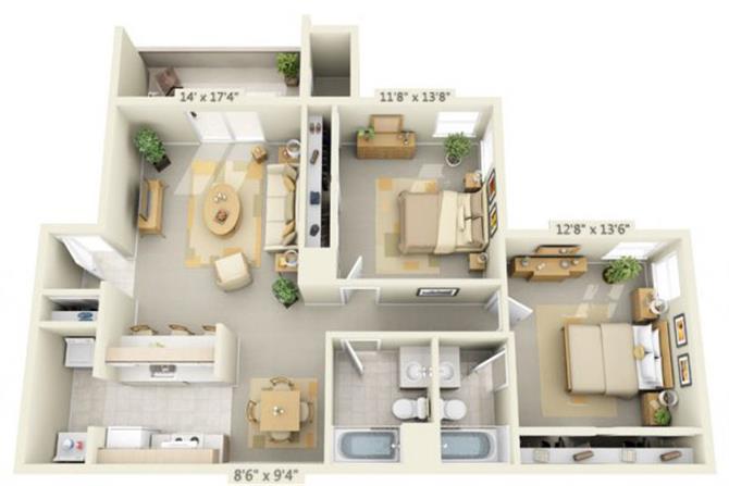 Floor plan for 2 beds, 2 baths, 1101 sqft