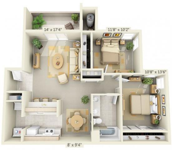 Floor plan for 2 beds, 1 bath, 985 sqft
