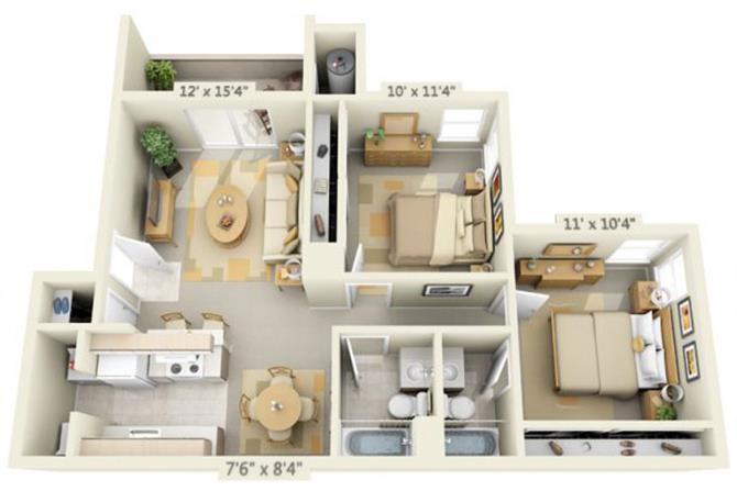 Floor plan for 2 beds, 2 baths, 877 sqft