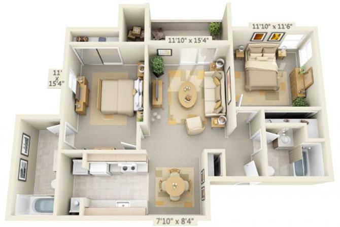 Floor plan for 2 beds, 2 baths, 969 sqft