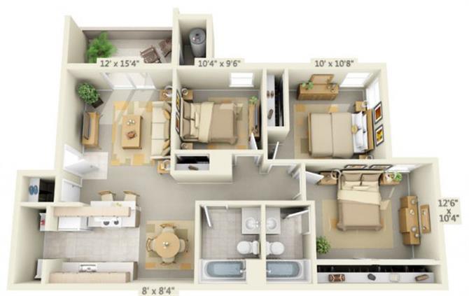 Floor plan for 3 beds, 2 baths, 1022 sqft