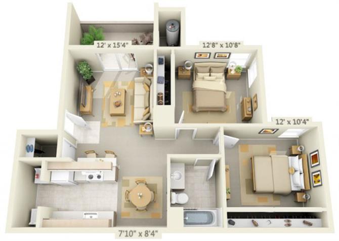Floor plan for 2 beds, 1 bath, 852 sqft