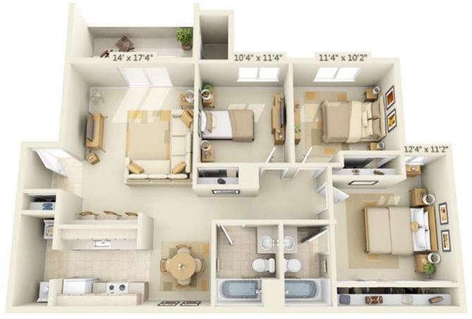 Floor plan for 3 beds, 2 baths, 1174 sqft