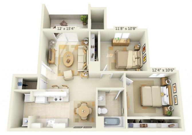 Floor plan for 2 beds, 1 bath, 841 sqft