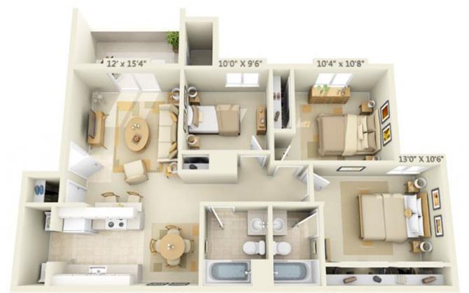 Floor plan for 3 beds, 2 baths, 1022 sqft
