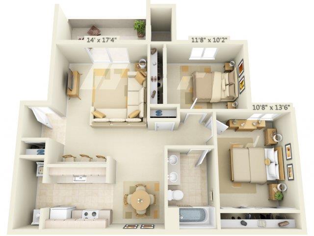 Floor plan for 2 beds, 1 bath, 974 sqft