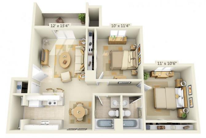 Floor plan for 2 beds, 2 baths, 877 sqft