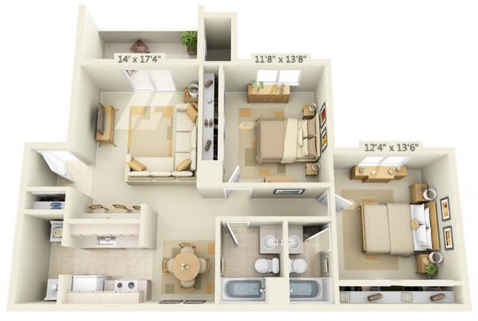 Floor plan for 2 beds, 2 baths, 1090 sqft