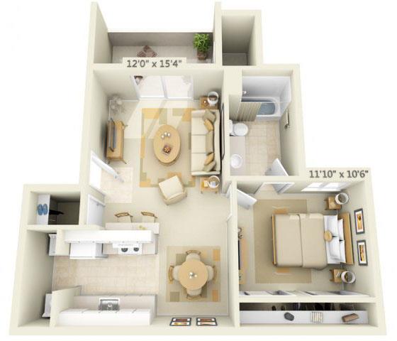 Floor plan for 1 bed, 1 bath, 664 sqft