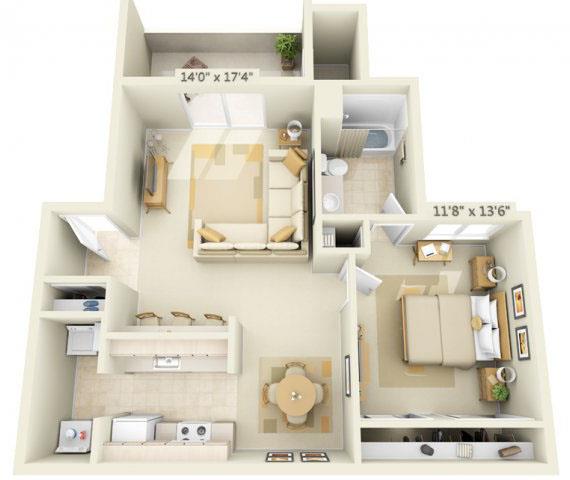Floor plan for 1 bed, 1 bath, 802 sqft