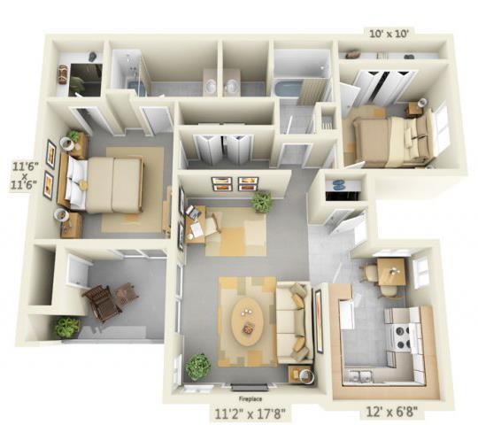 Floor plan for 2 beds, 2 baths, 945 sqft