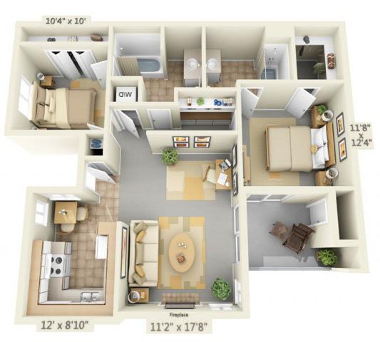 Floor plan for 2 beds, 2 baths, 908 sqft