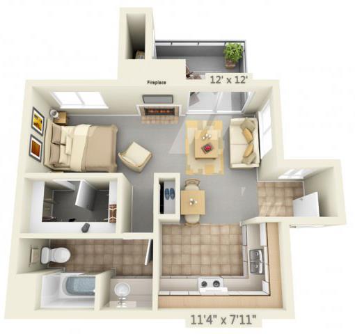 Floor plan for studio, 1 bath, 540 sqft