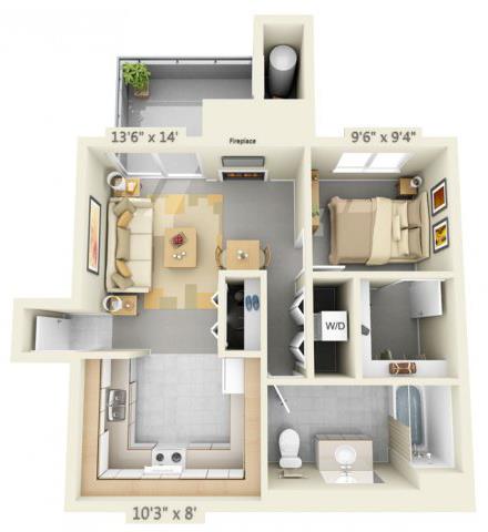 Floor plan for 1 bed, 1 bath, 608 sqft
