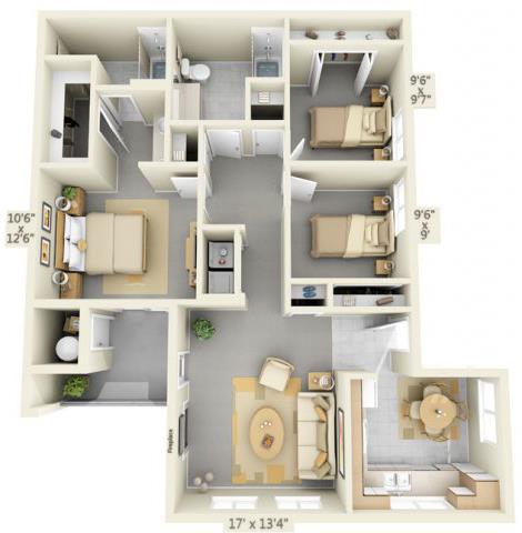 Floor plan for 3 beds, 2 baths, 1164 sqft
