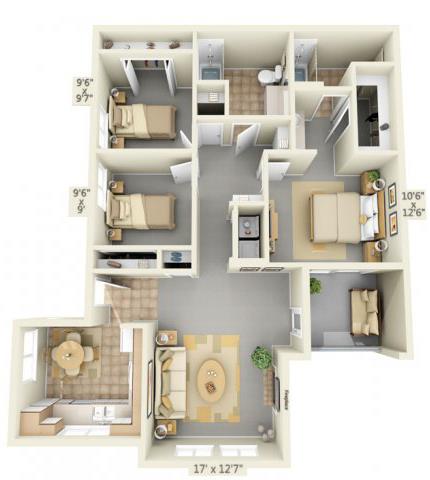 Floor plan for 3 beds, 2 baths, 1138 sqft