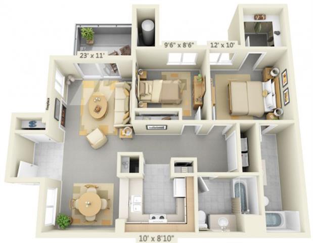Floor plan for 2 beds, 2 baths, 962 sqft