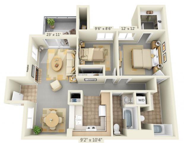 Floor plan for 2 beds, 2 baths, 905 sqft