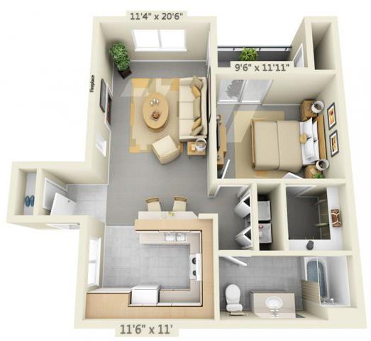 Floor plan for 1 bed, 1 bath, 746 sqft