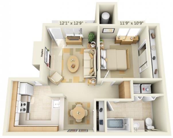 Floor plan for 1 bed, 1 bath, 645 sqft