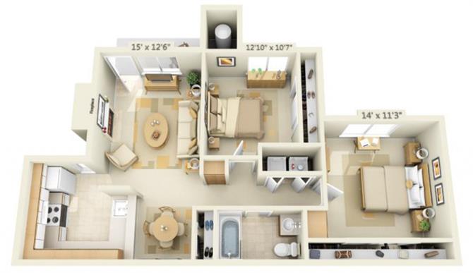 Floor plan for 2 beds, 1 bath, 841 sqft