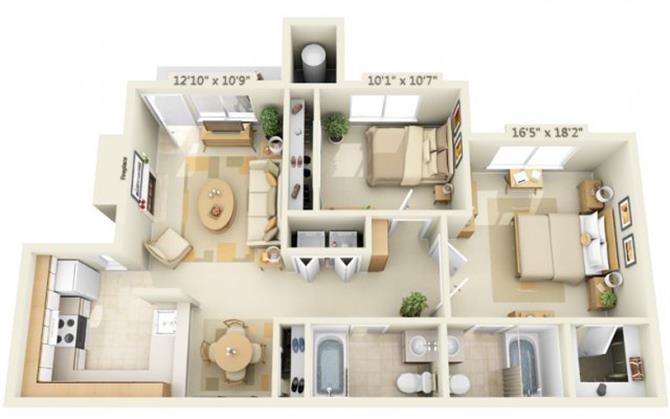 Floor plan for 2 beds, 2 baths, 892 sqft