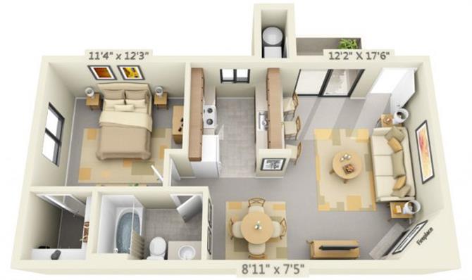 Floor plan for 1 bed, 1 bath, 612 sqft