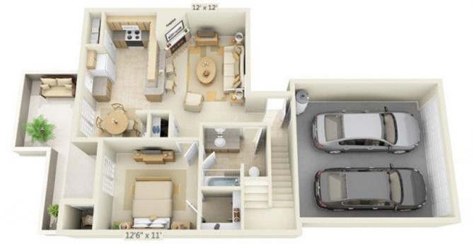 Floor plan for 3 beds, 2 baths, 1276 sqft