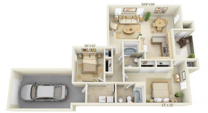 Floor plan for 2 beds, 2 baths, 994 sqft