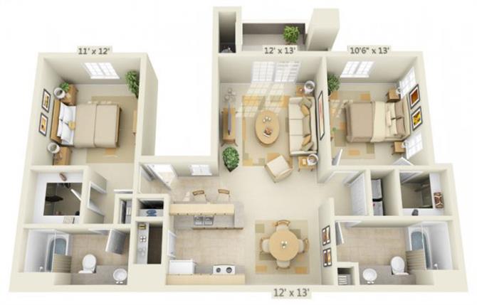 Floor plan for 2 beds, 2 baths, 1077 sqft