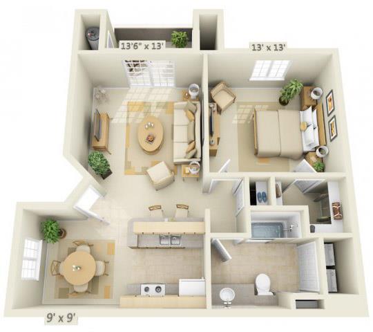 Floor plan for 1 bed, 1 bath, 750 sqft