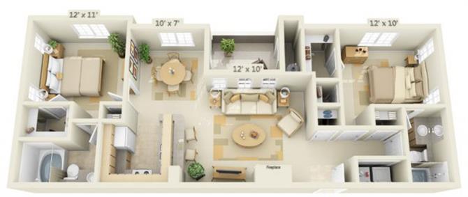 Floor plan for 2 beds, 2 baths, 993 sqft