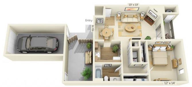 Floor plan for 1 bed, 1 bath, 770 sqft