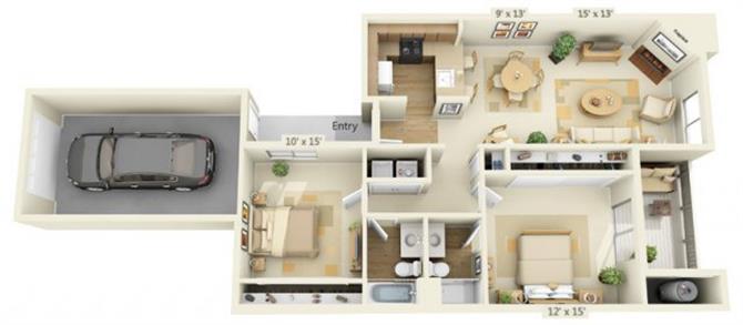 Floor plan for 2 beds, 2 baths, 1004 sqft