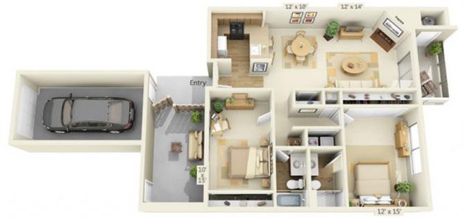 Floor plan for 2 beds, 2 baths, 1070 sqft