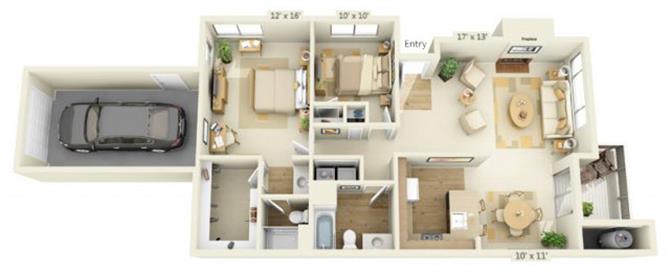 Floor plan for 2 beds, 2 baths, 1119 sqft