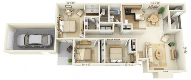 Floor plan for 3 beds, 2 baths, 1290 sqft