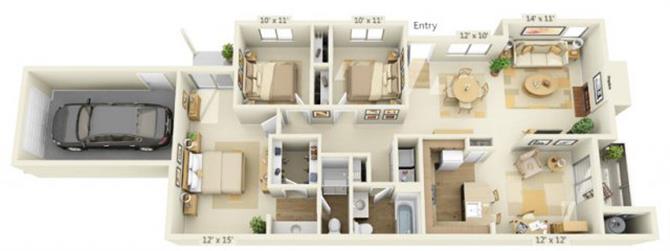 Floor plan for 3 beds, 2 baths, 1413 sqft