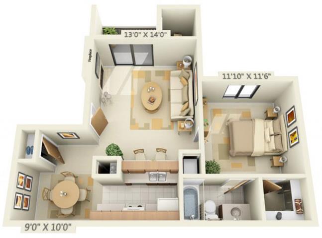 Floor plan for 1 bed, 1 bath, 680 sqft