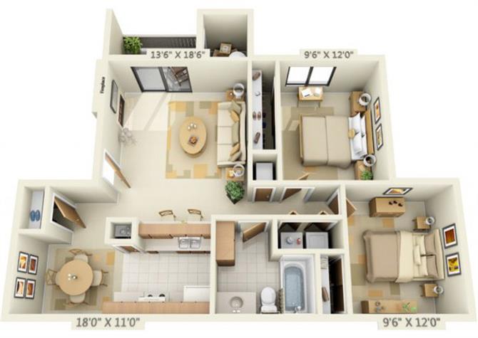 Floor plan for 2 beds, 1 bath, 860 sqft