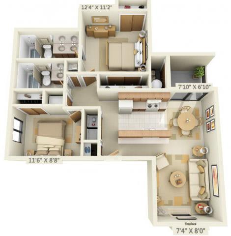 Floor plan for 2 beds, 2 baths, 926 sqft