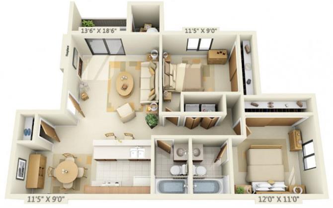 Floor plan for 2 beds, 2 baths, 887 sqft