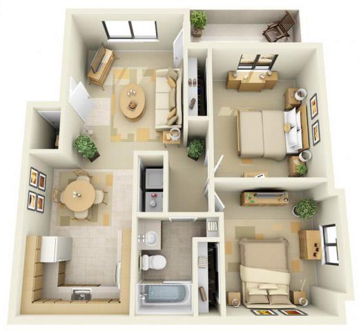 Floor plan for 2 beds, 1 bath, 765 sqft