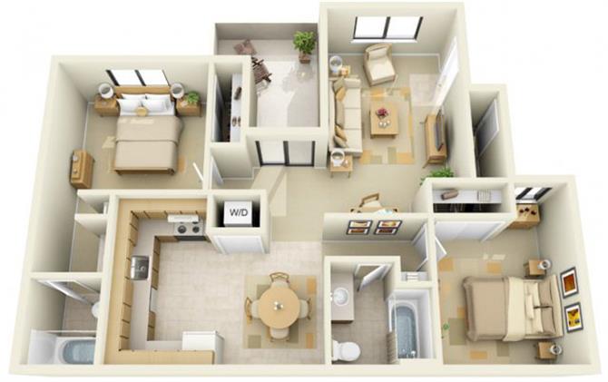 Floor plan for 2 beds, 2 baths, 875 sqft