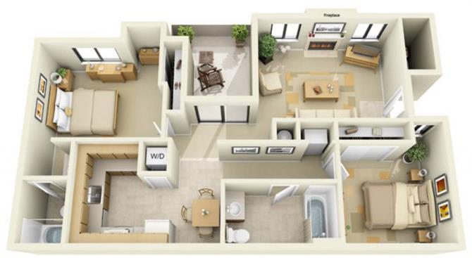 Floor plan for 2 beds, 2 baths, 955 sqft